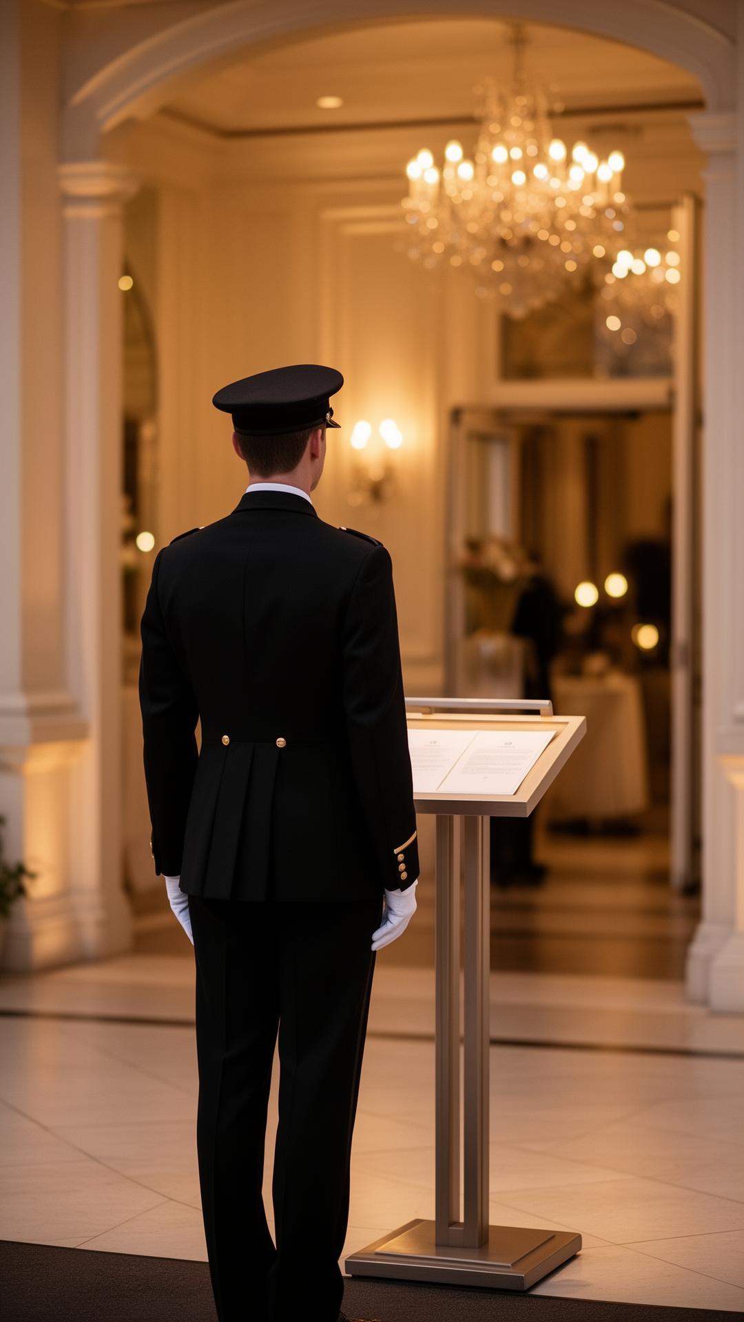 Tuxedoed valet attendant standing at a podium in a luxury venue entrance