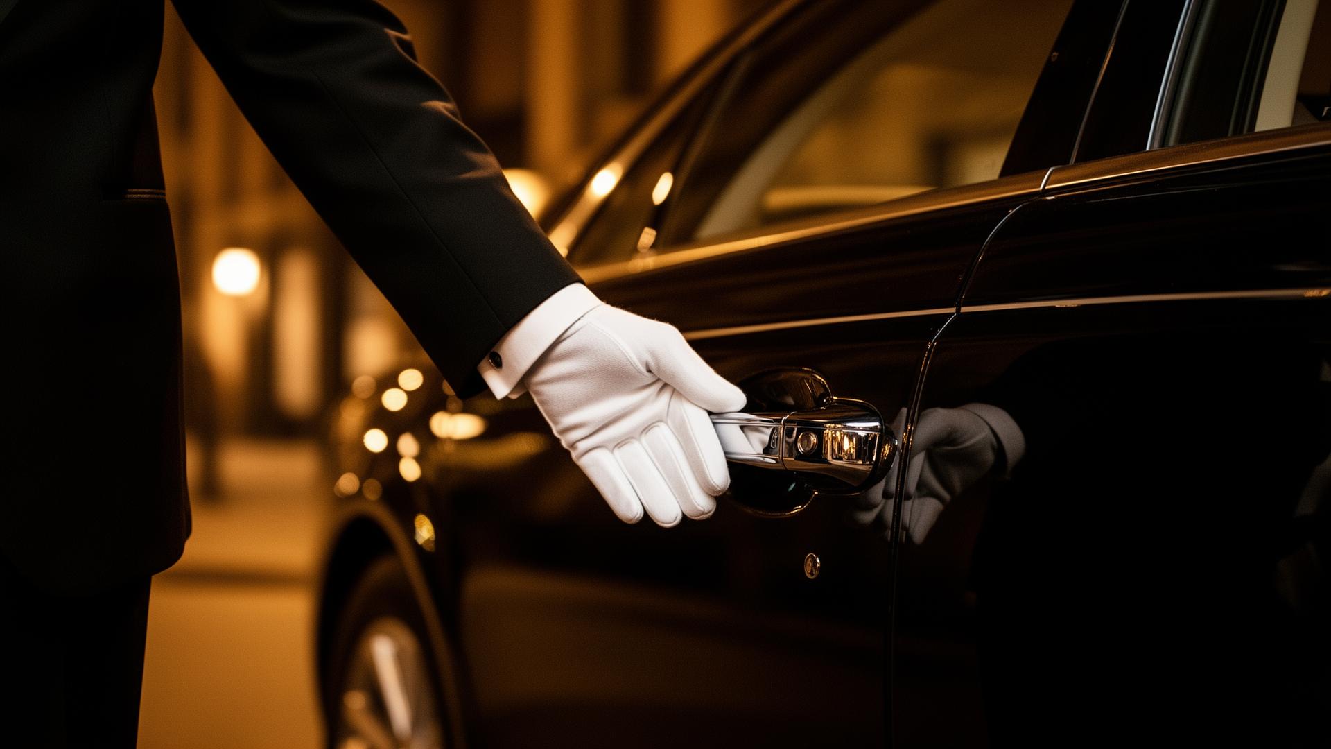 Gloved valet hand on a polished car door handle
